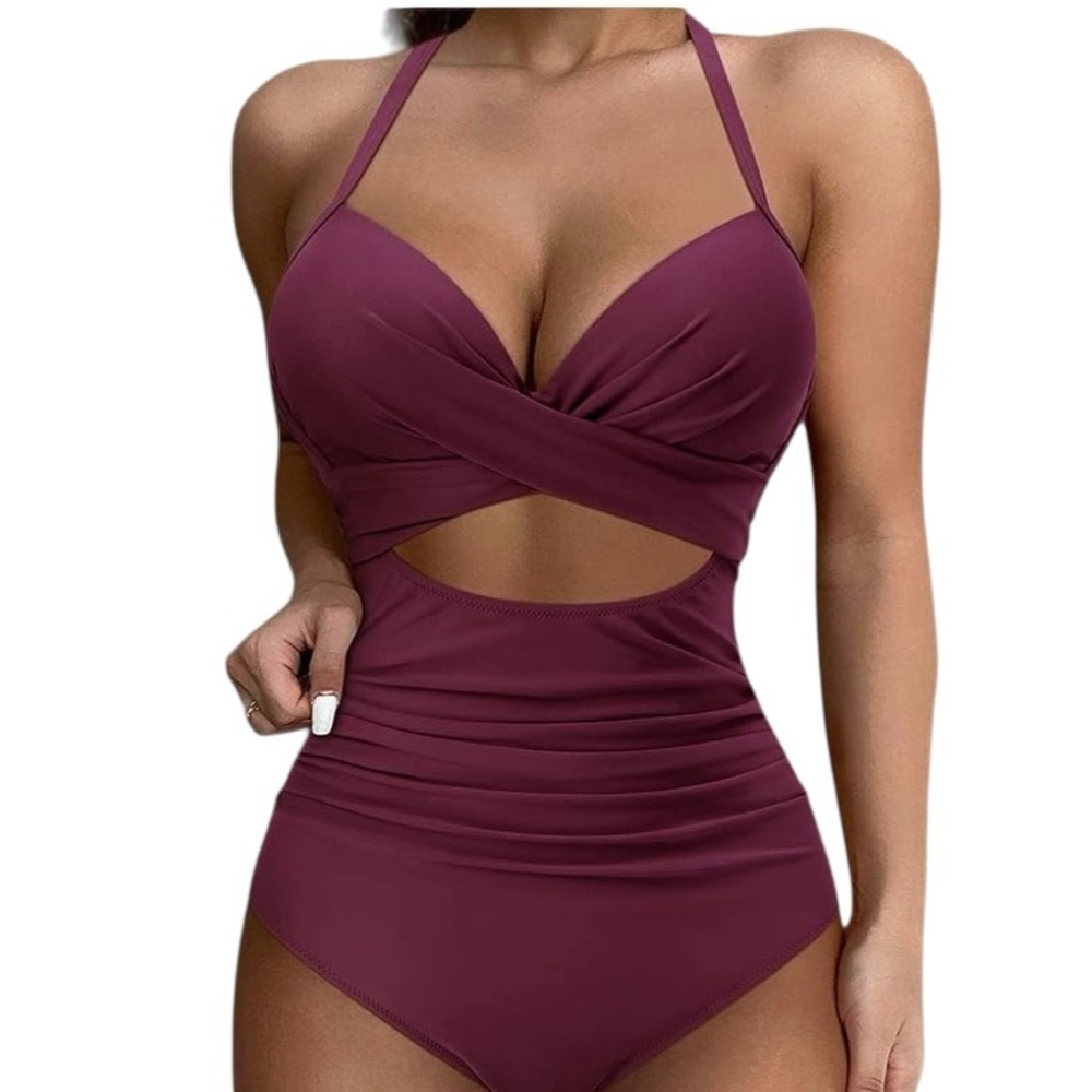 Suuksess Slimming Retro Cut out One Piece Swimsuit in Wine - Picture 8 of 13